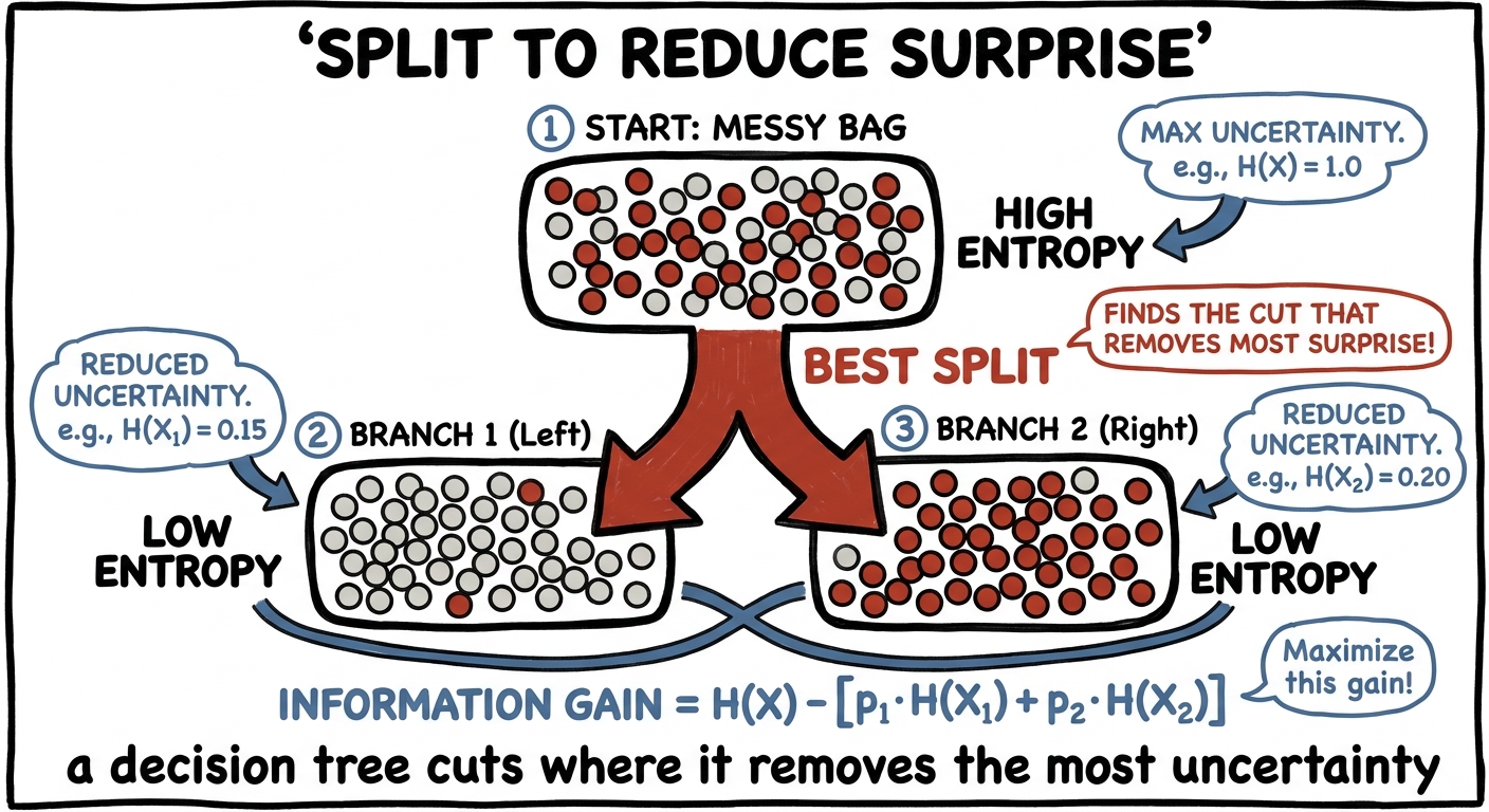 A decision tree splitting a mixed bag of dots into cleaner lower-entropy branches