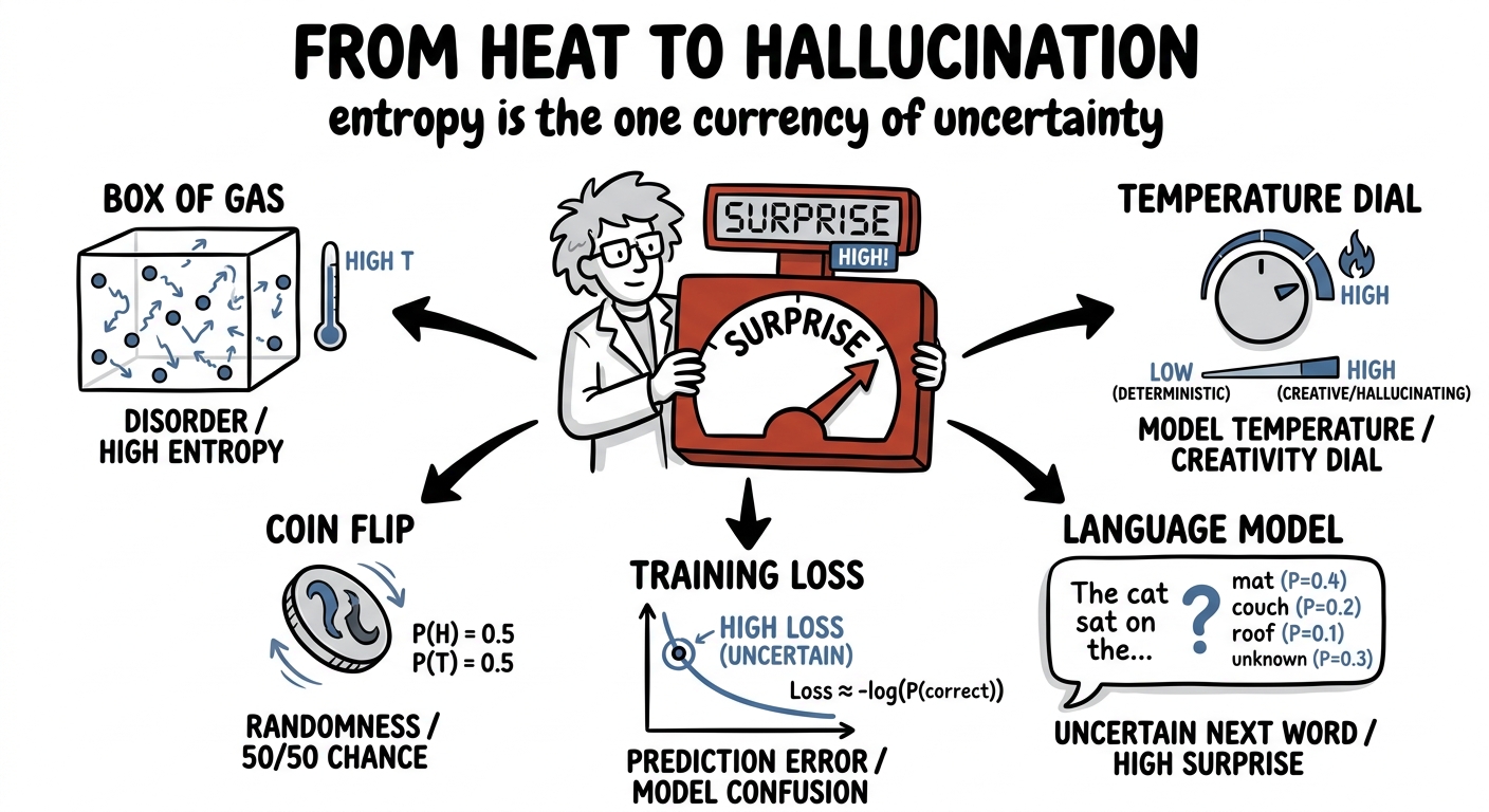 A single surprise gauge measuring gas, a coin, a loss, a next word, and a temperature dial