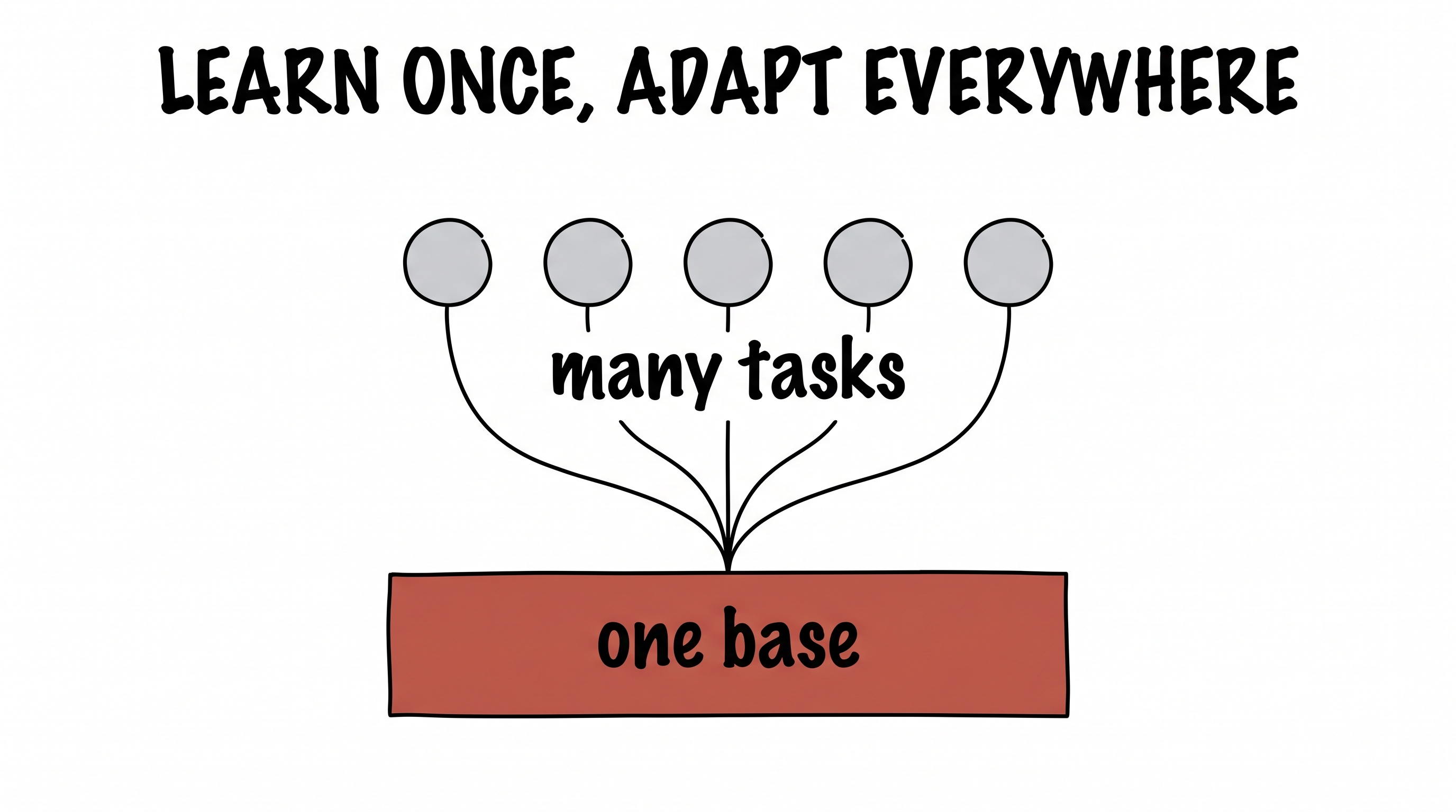 Learn Once, Adapt Everywhere — one base branching into many tasks