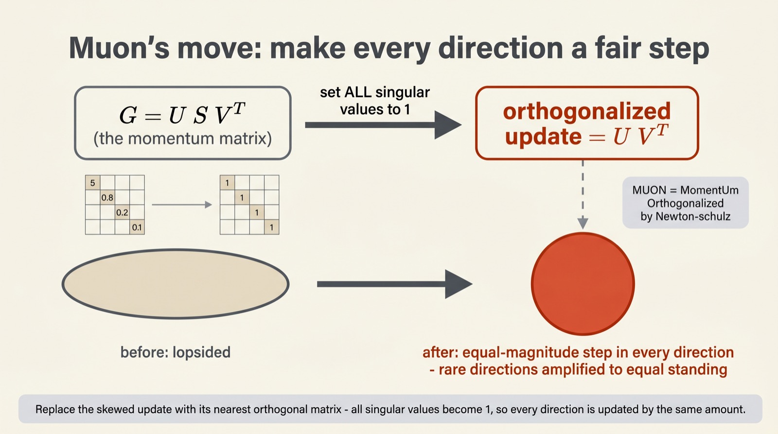 The SVD G = U S V^T with the diagonal S of unequal values becoming an identity matrix, and below a stretched ellipse becoming a clean circle labeled equal-magnitude step.